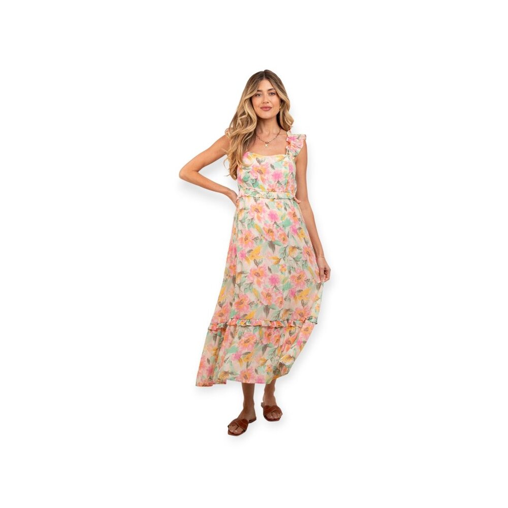 Anthropologie By The River Watercolor Floral Ruffle Midi Dress Size M Fits Small